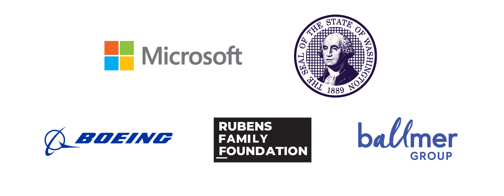 Logos for Microsoft, The State of Washington, Boeing, the Rubens Family Foundation, and the Ballmer Group
