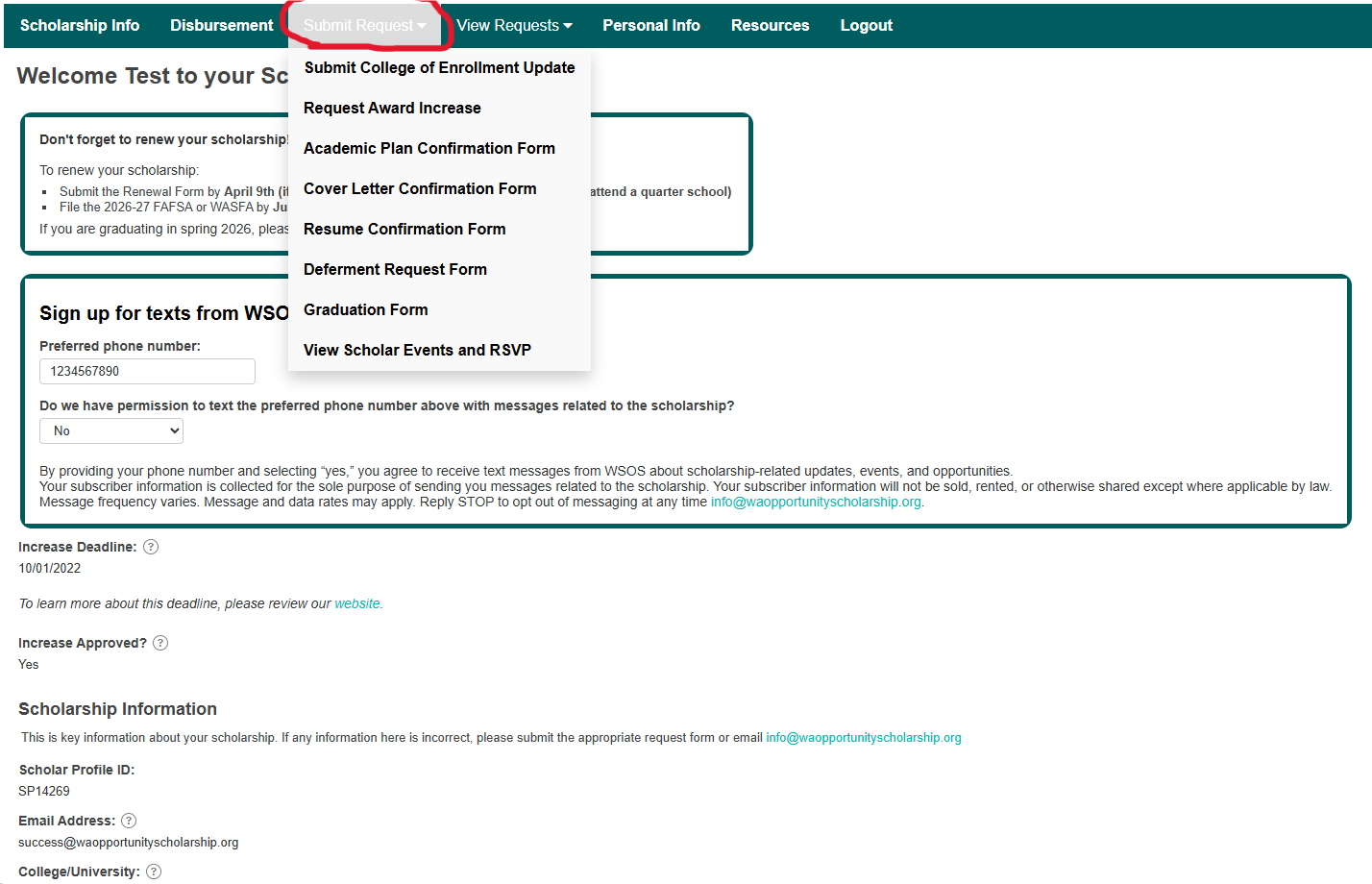 Screenshot of Submit Request page on the Scholar Portal