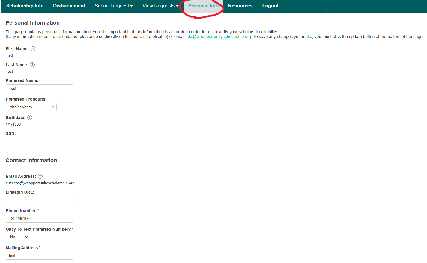 Personal Info page on the Scholar Portal screenshot