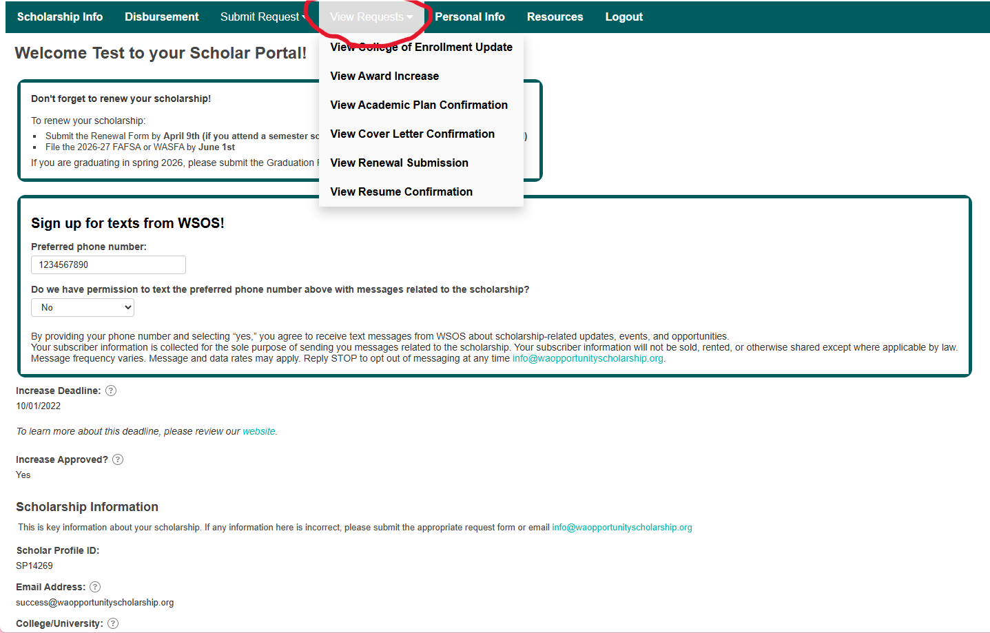 Screenshot of the View Request page on the Scholar Portal