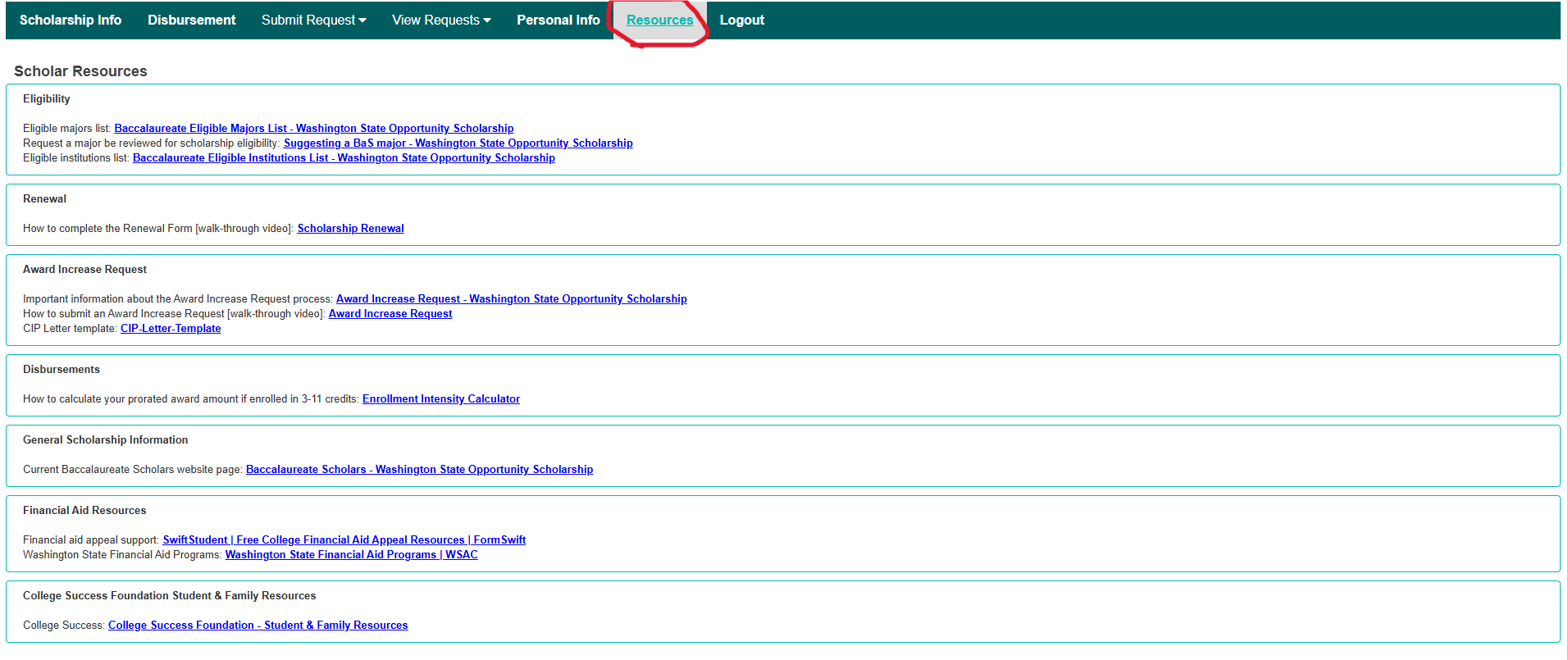Screenshot of the Resources page on the Scholar Portal